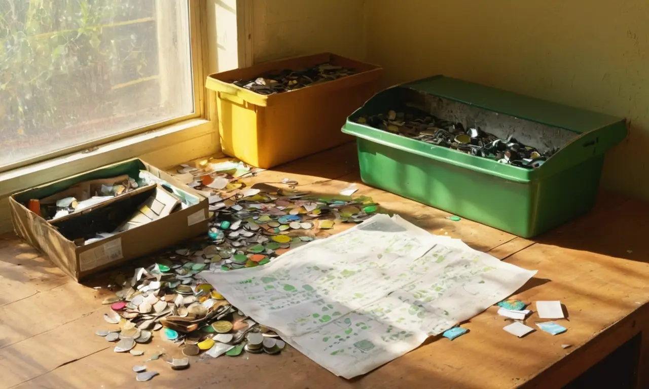 Mesa desordenada con materiales de reciclaje