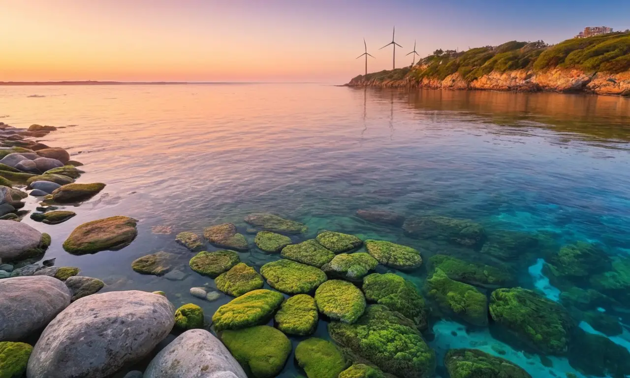 Amanecer costero con armonía y energía renovable