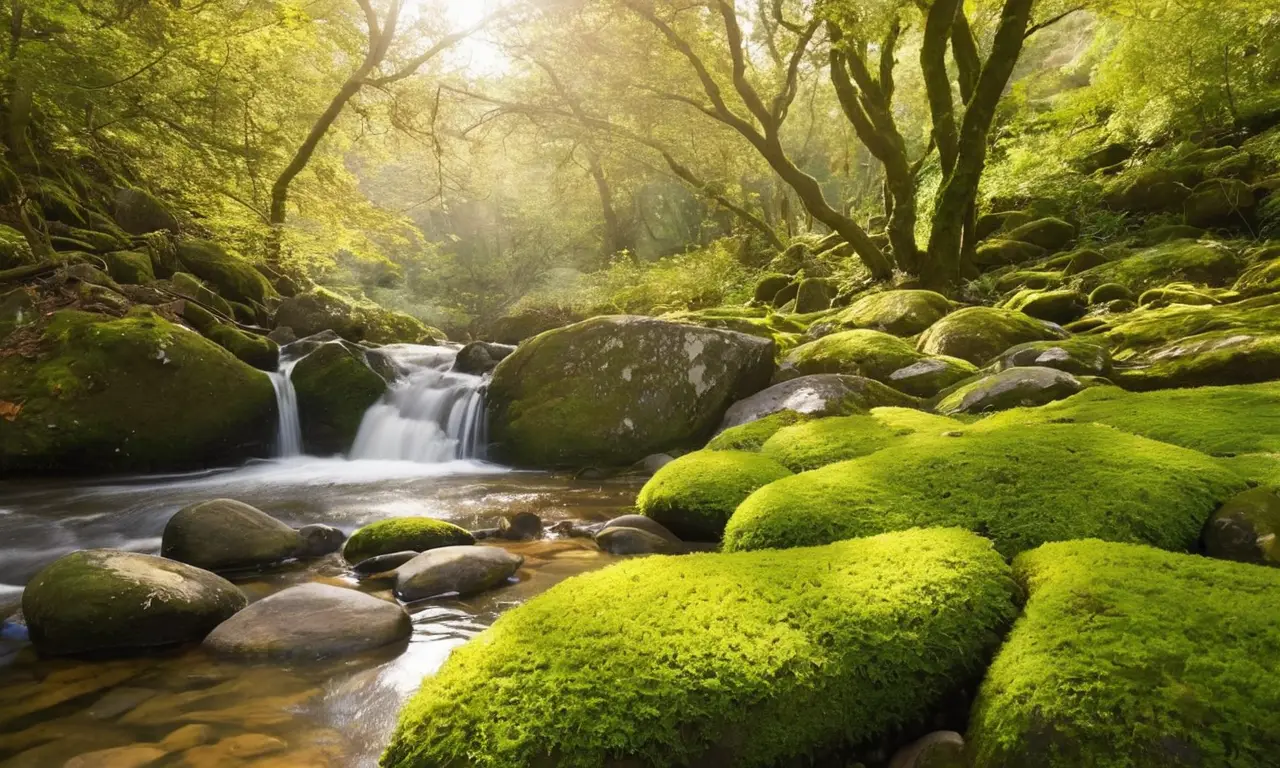 Paisaje sereno con río, turbina y mariposas