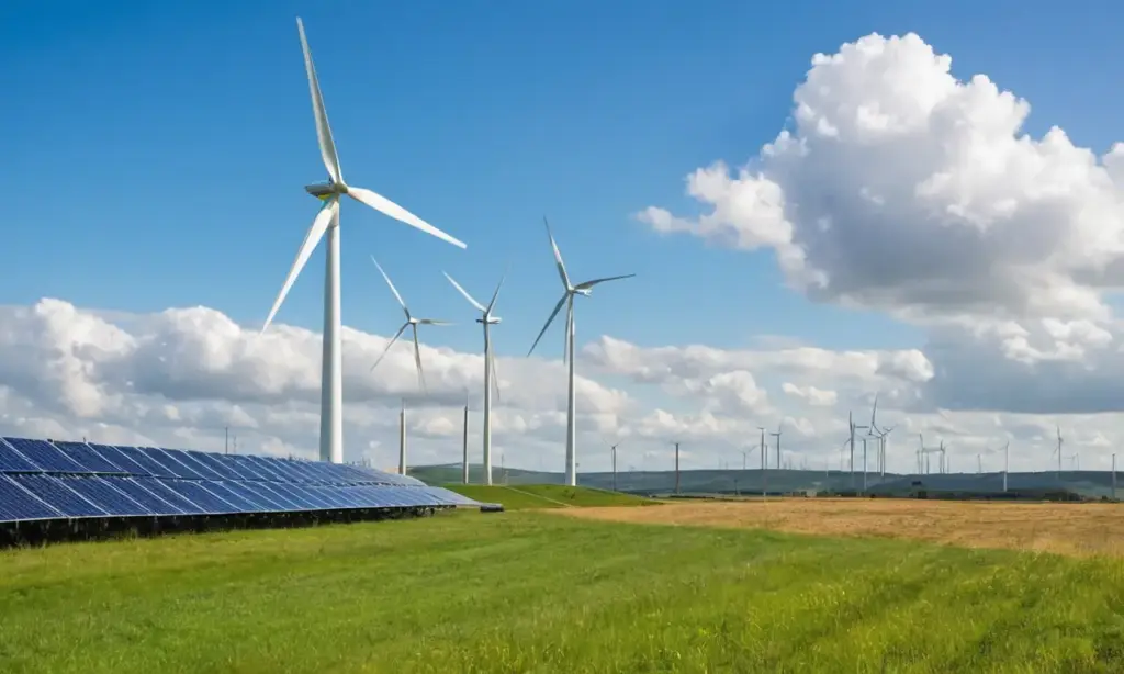 Turbina eólica moderna junto a paneles solares