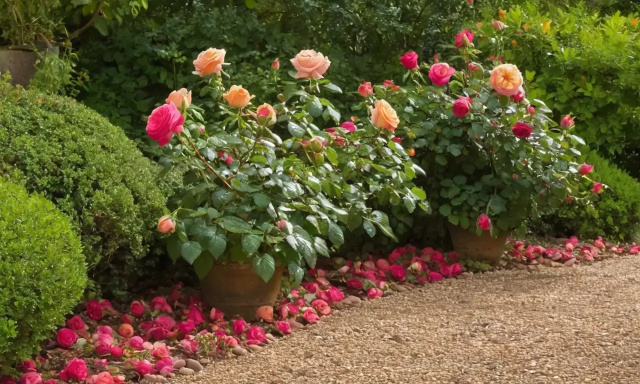 Jardín vibrante con rosas y luz solar