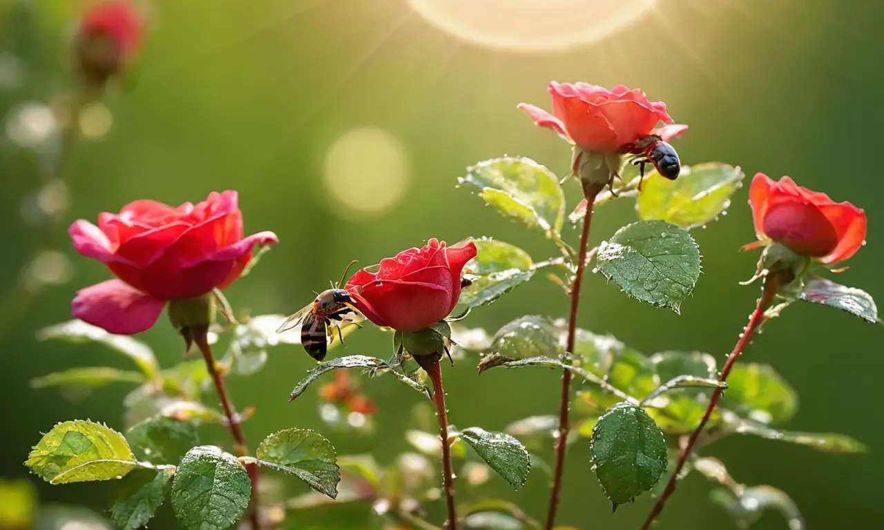 Jardín soleado con flores y vida silvestre