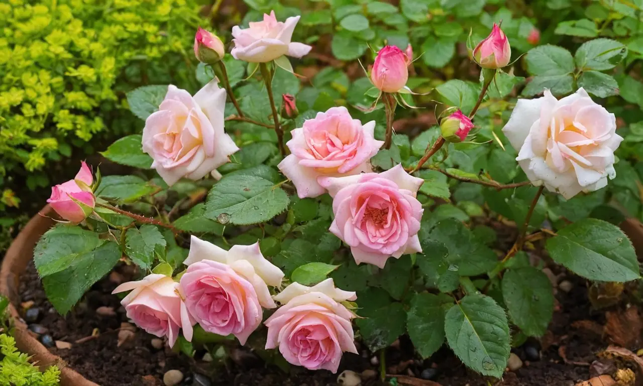 Rosas pequeñas en jardín con ciertos daños