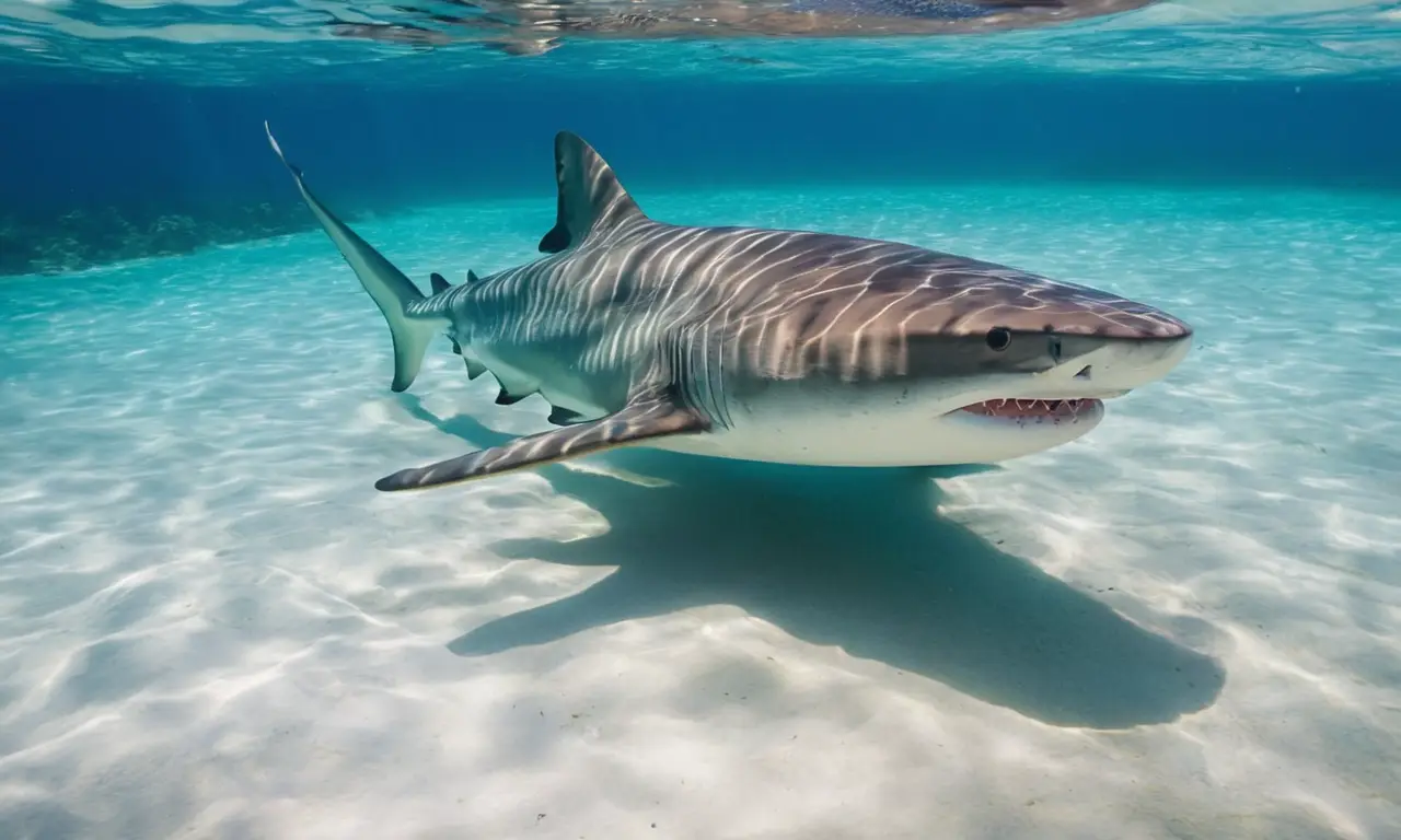 Tiburón tigre majestuosamente navega en océano