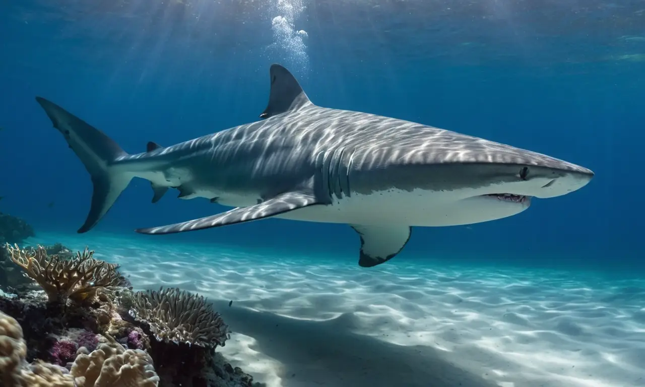 Tiburón gigante nada majestuosamente en aguas profundas