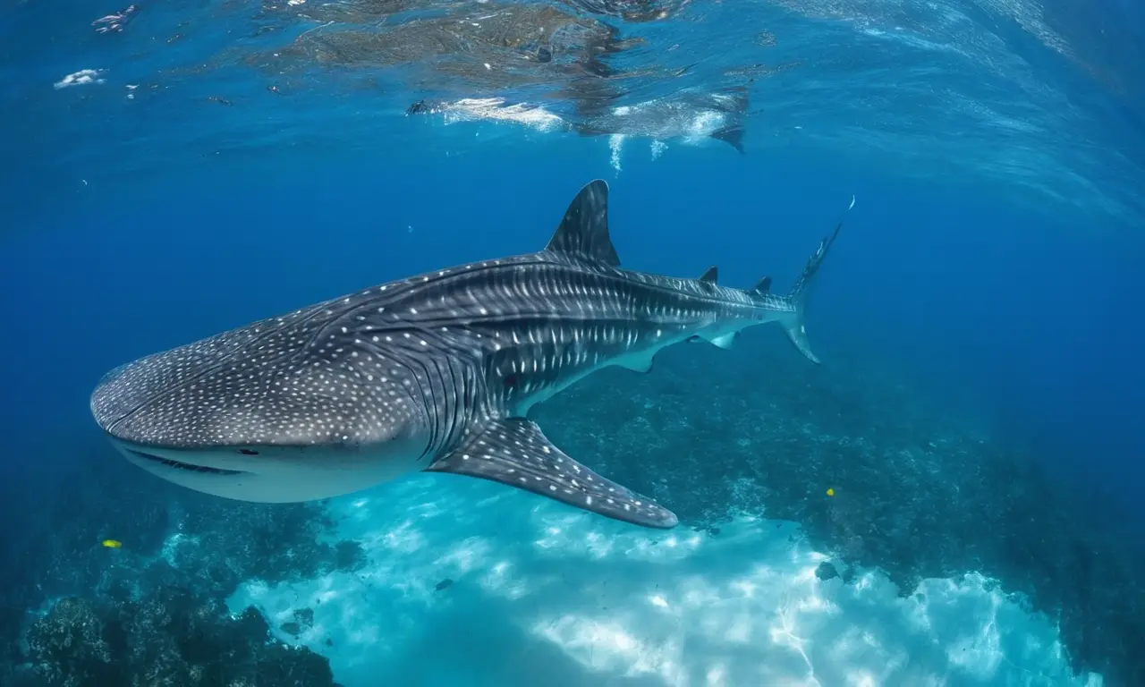 Tiburón ballena navega en aguas cristalinas