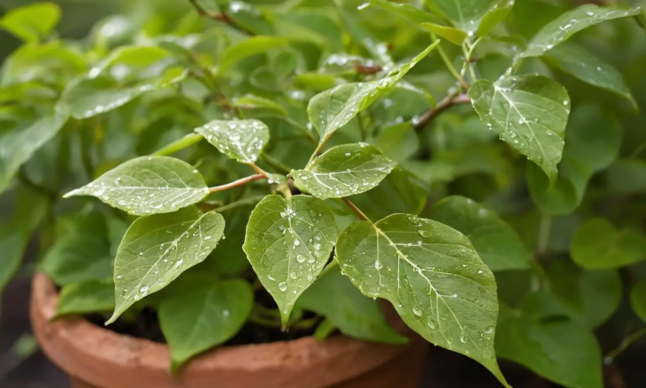 Rama verde en maceta terracota, ambiente sereno