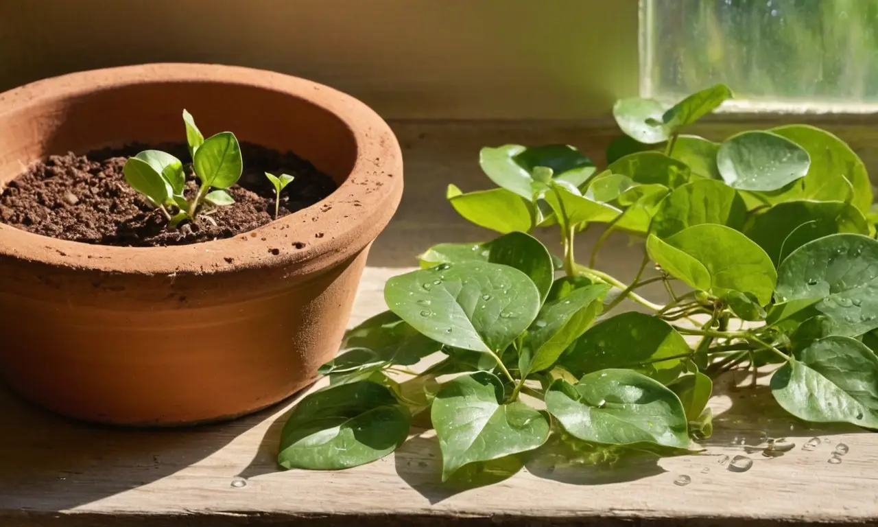 Mesa de madera iluminada con plantas y herramientas
