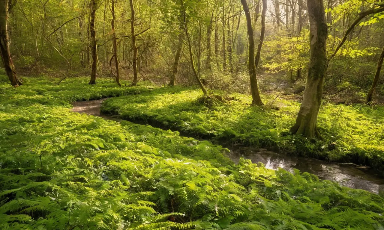Bosque vibrante con vida y huellas humanas