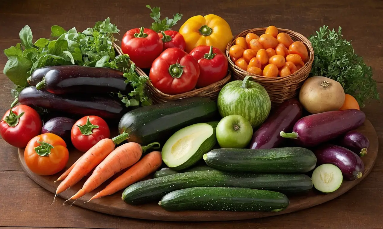Exhibición vibrante de frutas y verduras frescas