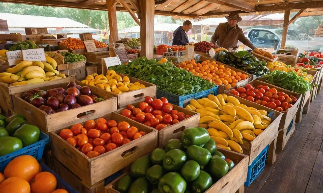 Mercado vibrante con frutas y verduras frescas