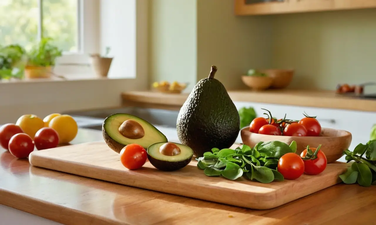 Encimera de madera con coloridos alimentos frescos