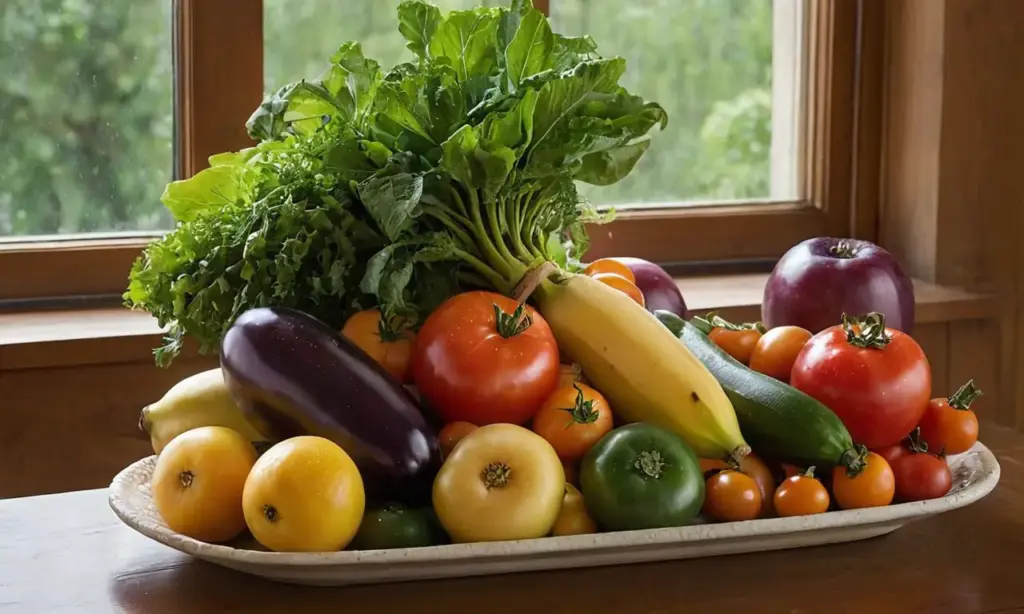 Mesa de madera con frutas y verduras frescas