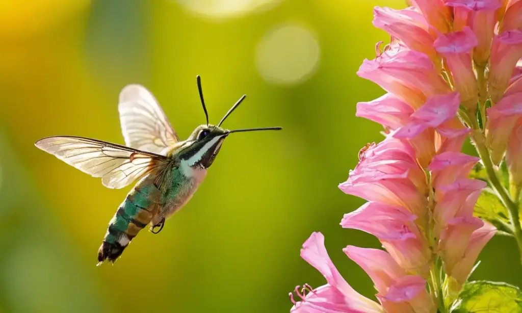 Polilla colibrí brillando en un jardín soleado