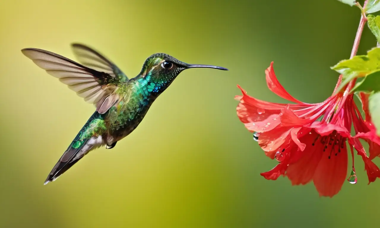 Colibrí verde brillando sobre una flor roja