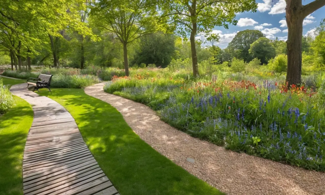 Parque verde con flores, gente y naturaleza
