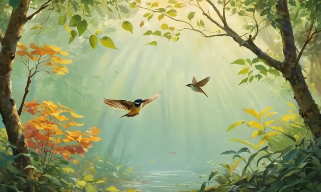 Ilustración vívida de aves en su hábitat