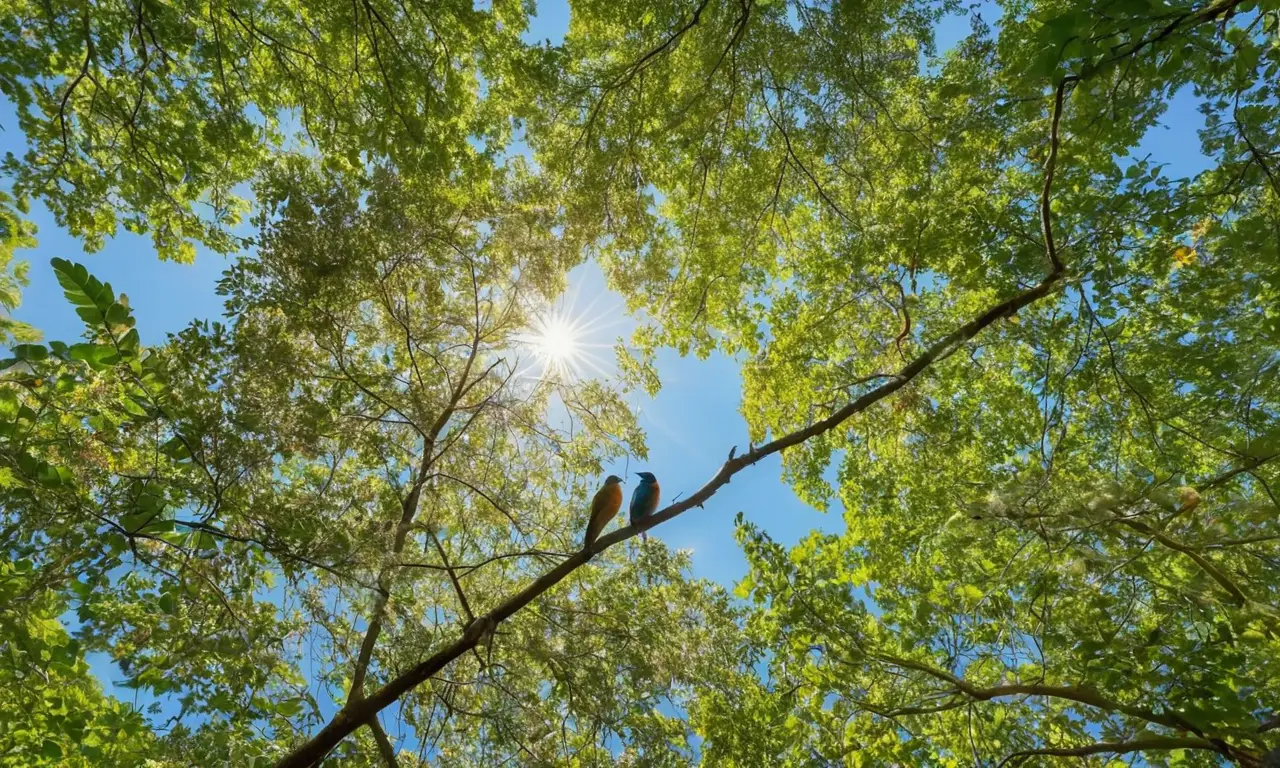 Bosque vibrante con aves coloridas y luz filtrada