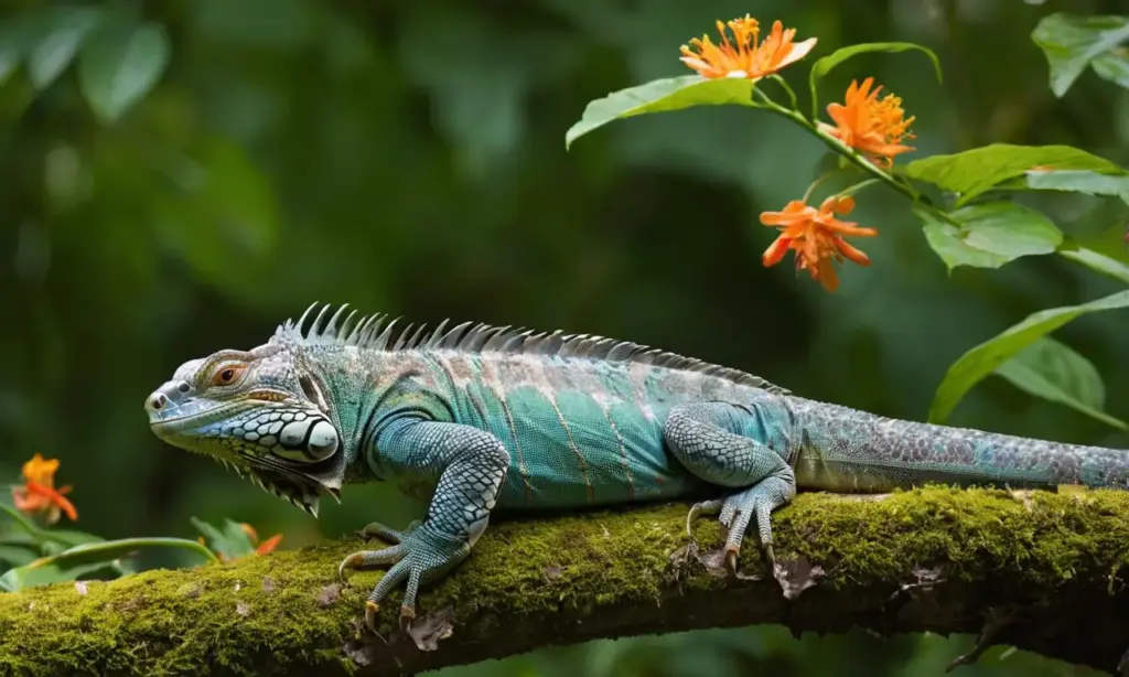 Selva vibrante con iguana y mariposas