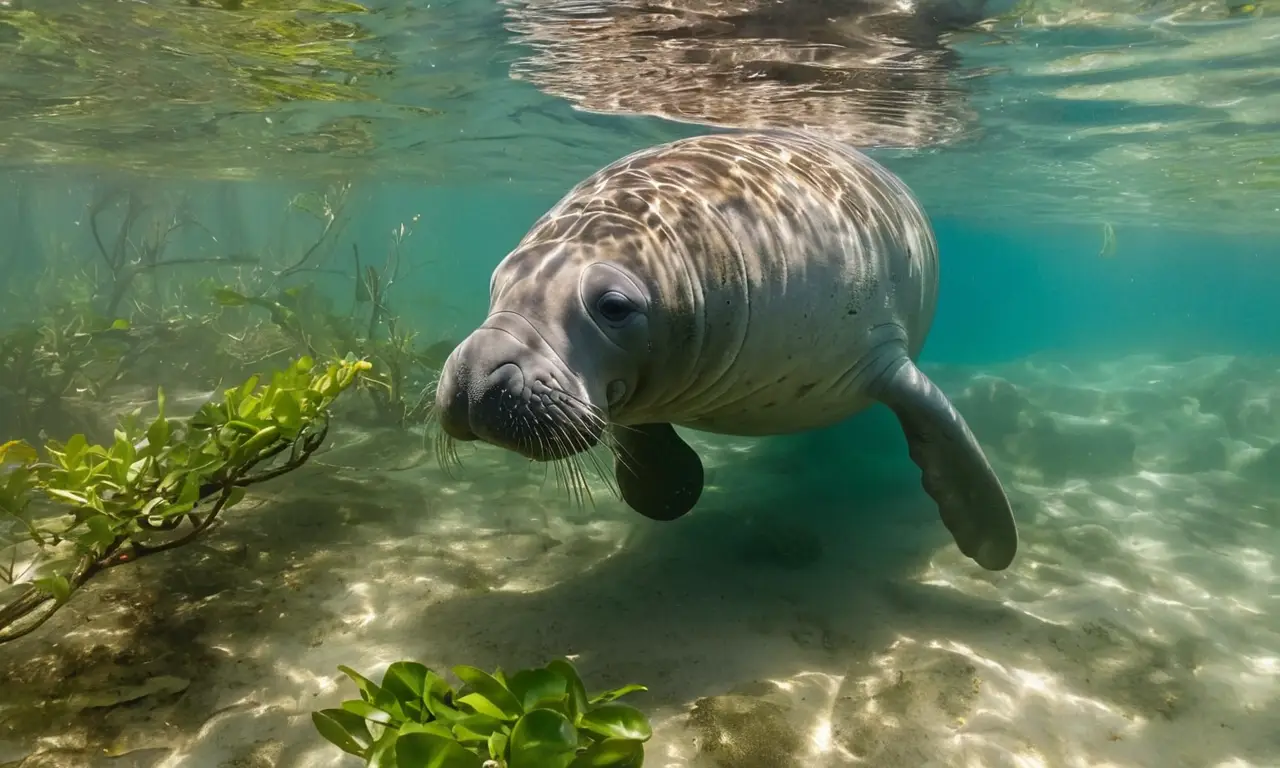 Manatí flota serenamente en aguas claras