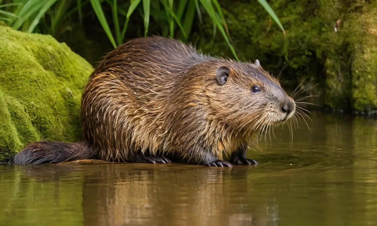 Nutria reposando serenamente junto al río