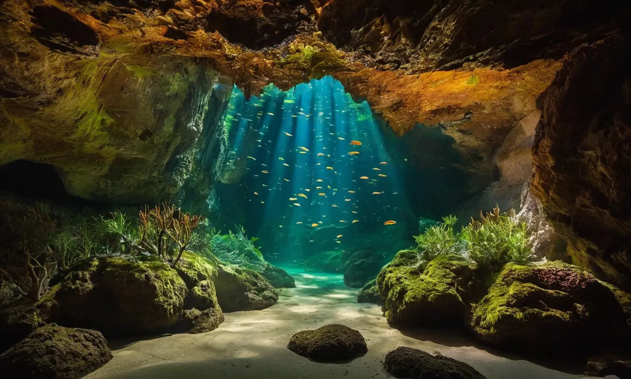 Cueva marina iluminada, vibrante vida submarina