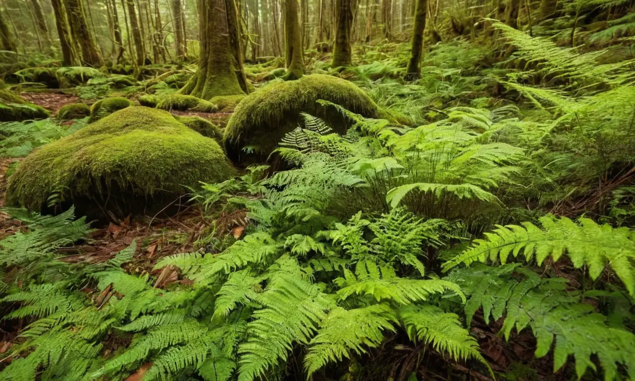 Bosque vibrante con plantas y hongos interdependientes