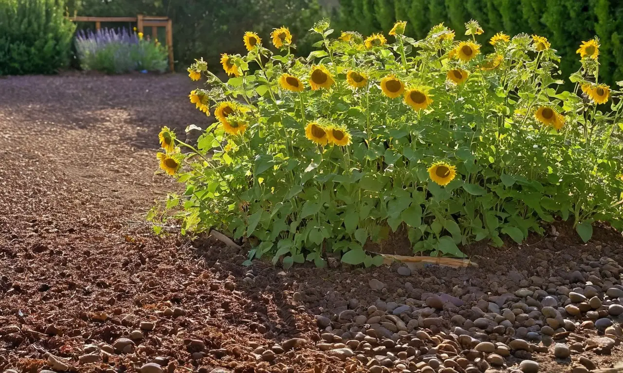 Jardín soleado con lavanda y herramientas desordenadas