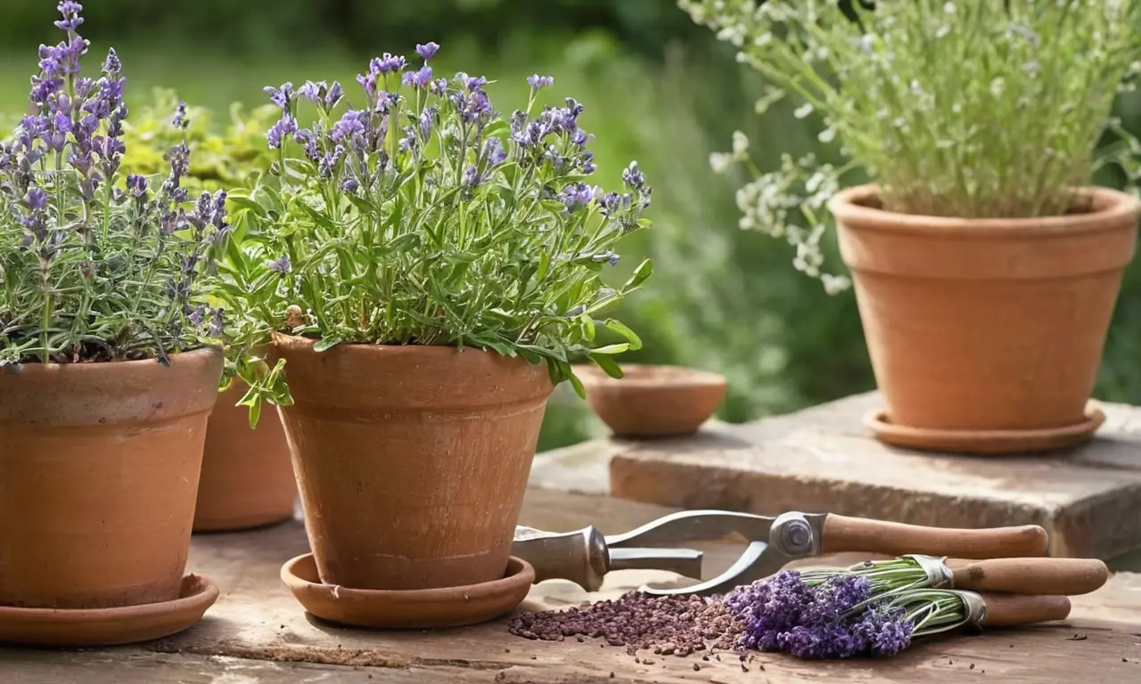 Bench de jardinería con flores y herramientas