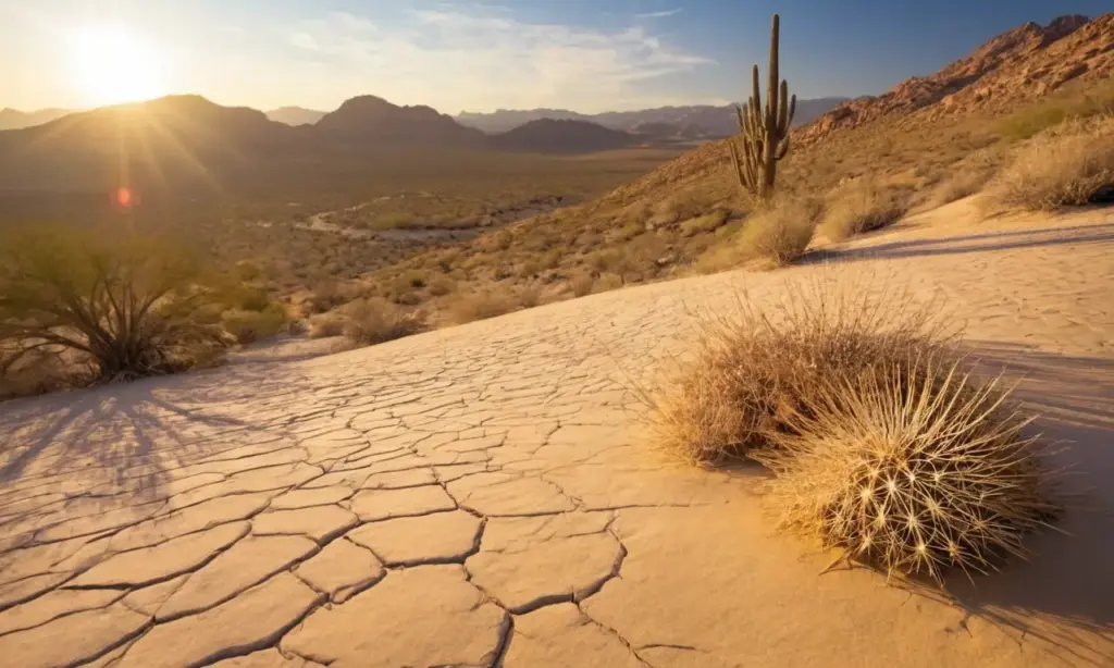 Desierto árido con cactus y luz dorada
