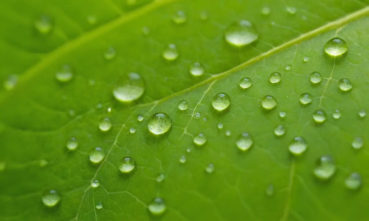 Hoja detallada iluminada con gotas de rocío