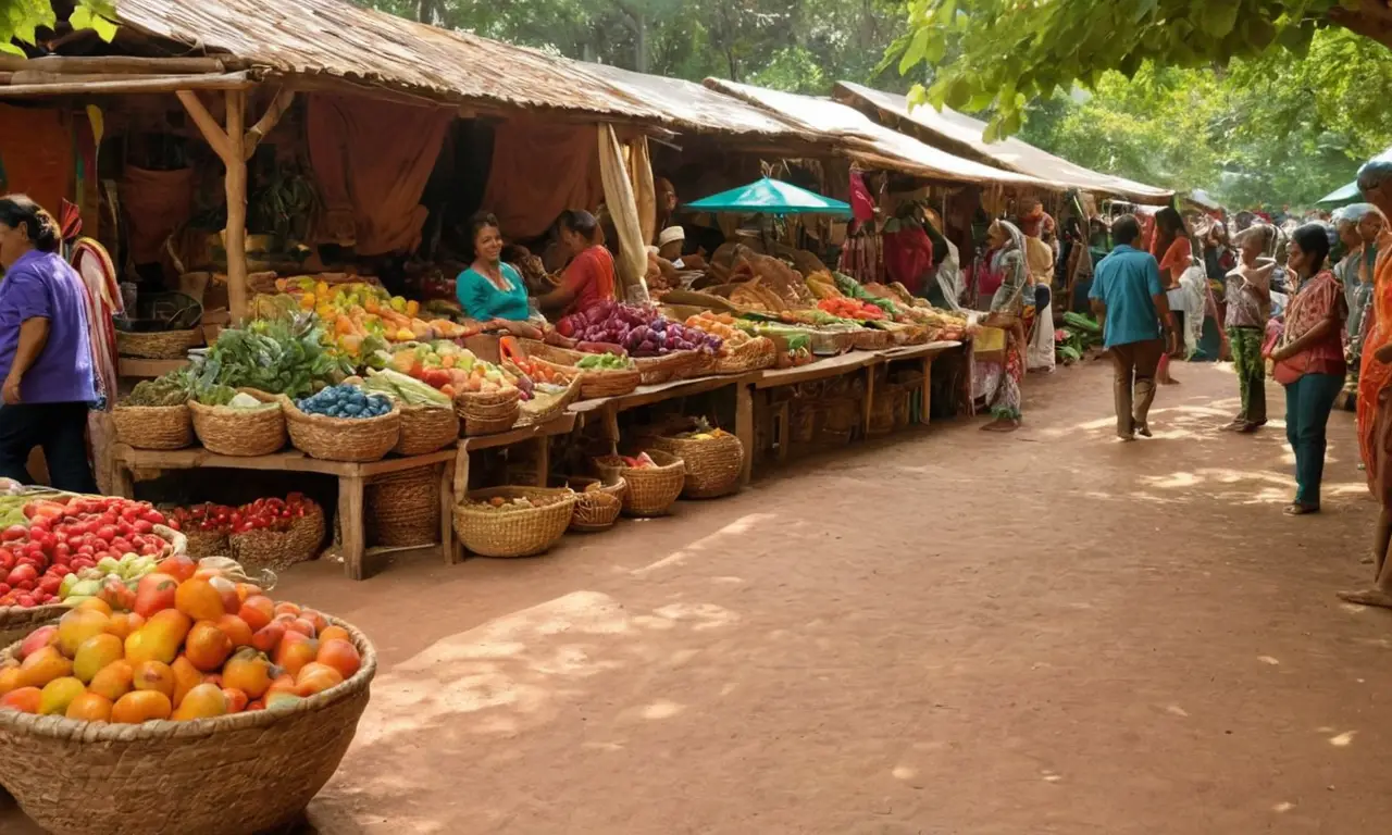 Mercado vibrante con artesanía y comunidad