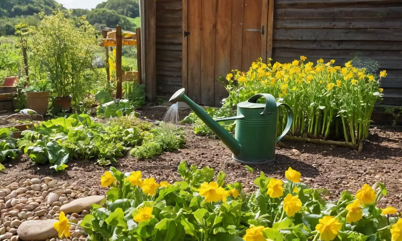 Jardín vibrante y sostenible bajo un cielo azul