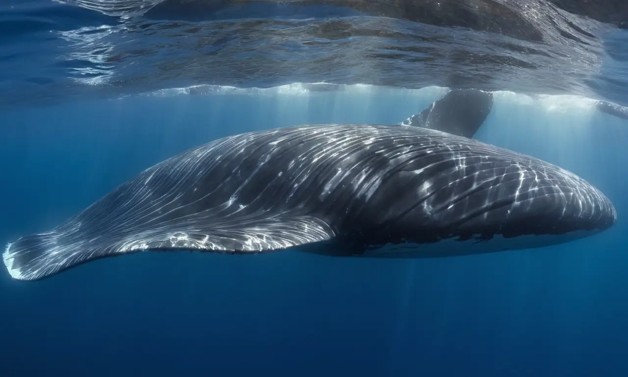 Finas aletas de ballena en aguas iluminadas
