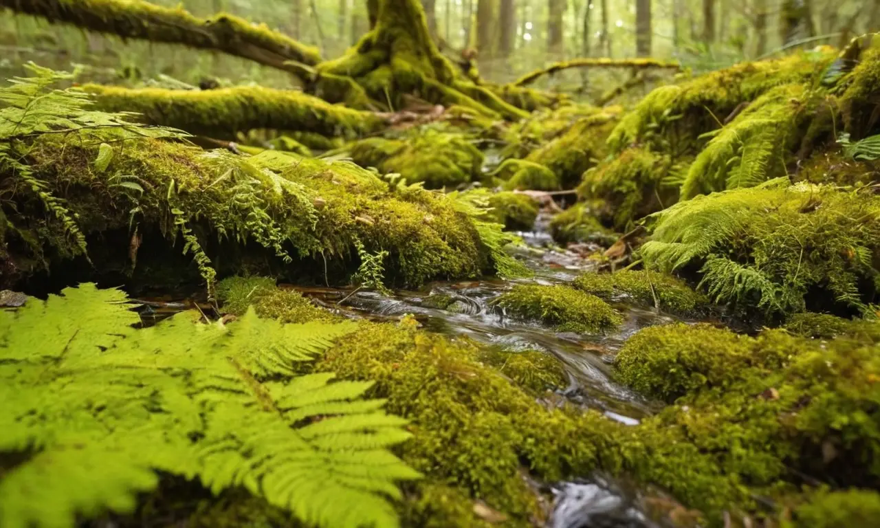 Un bosque vibrante que muestra vida y descomposición