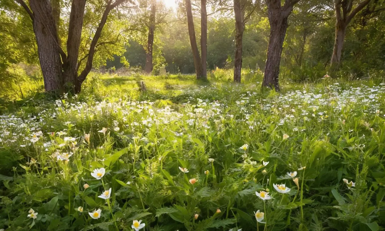Pradera verde con flores y fauna vibrante