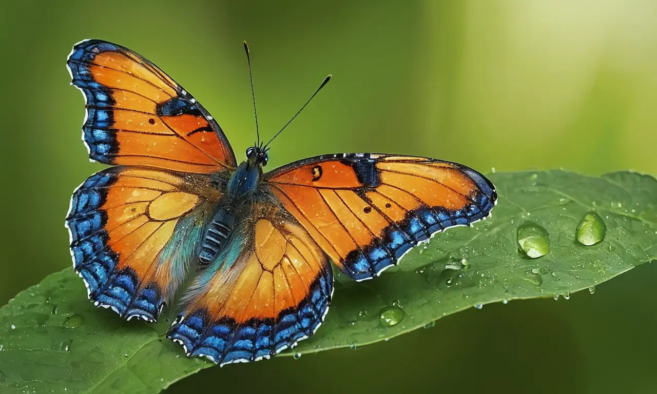Mariposa colorida posada en hoja verde