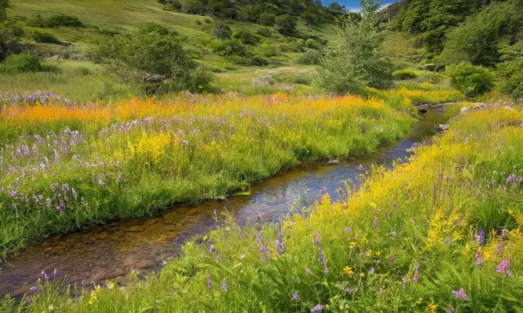 Paisaje sereno con naturaleza vibrante y diversas formas