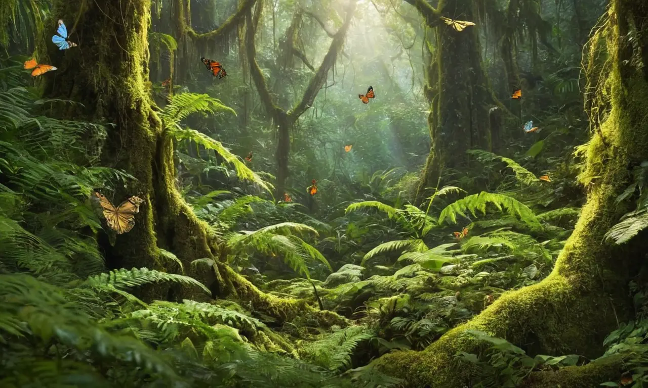 Selva exuberante con luz, biodiversidad y detalles