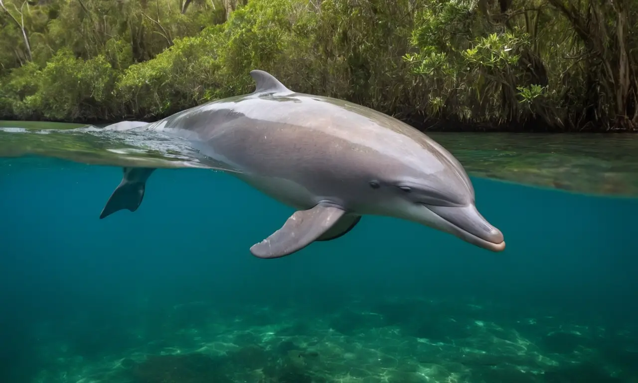 Delfín rosado resplandece en río tranquilo
