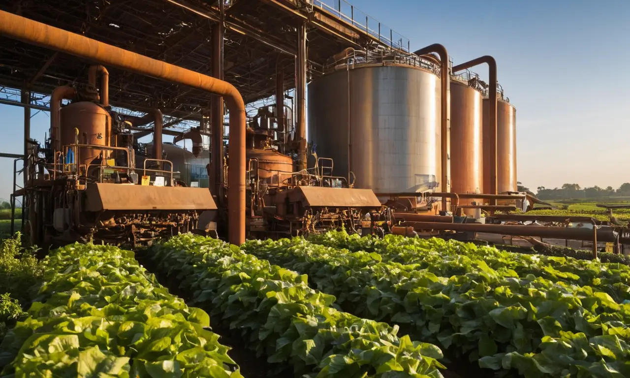 Instalación de biogás rodeada de vegetación