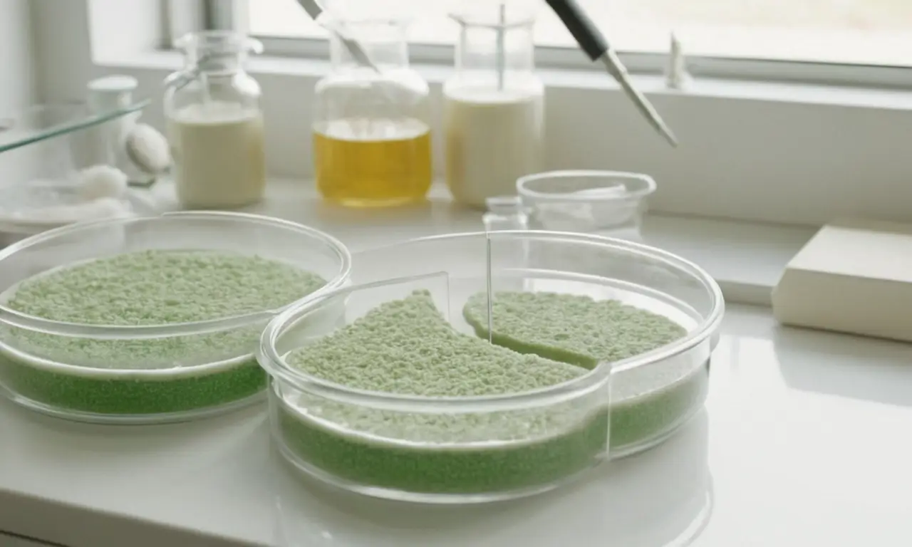 Escena de laboratorio con cultivos microscópicos