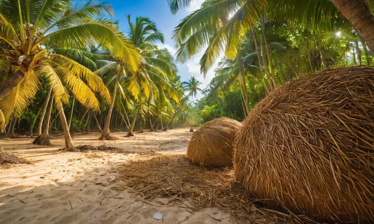 Plantación de cocos con trabajadores y naturaleza
