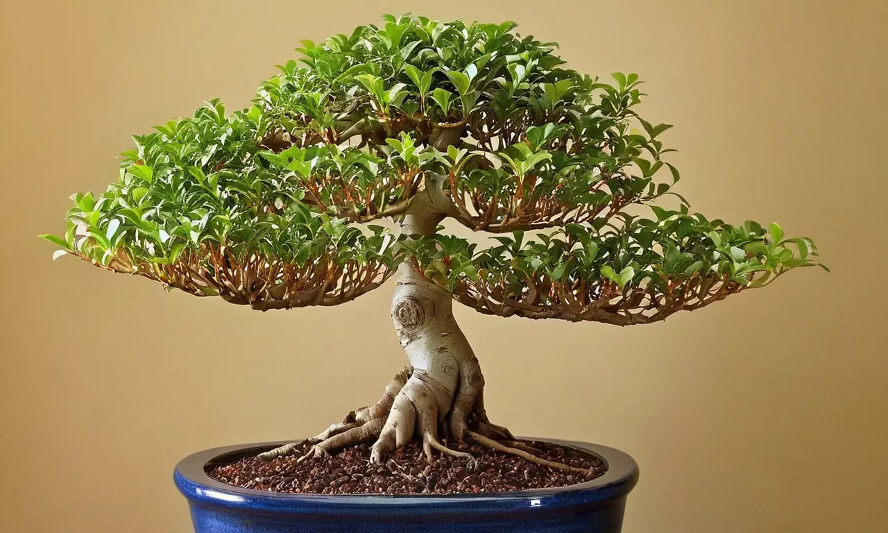 Bonsai Ficus benjamina iluminado y detallado