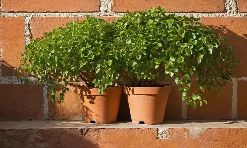 Hojas verdes vibrantes sobre muro de ladrillos