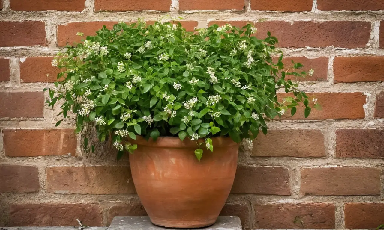 Hojas verdes vibrantes contrastan con ladrillos desgastados