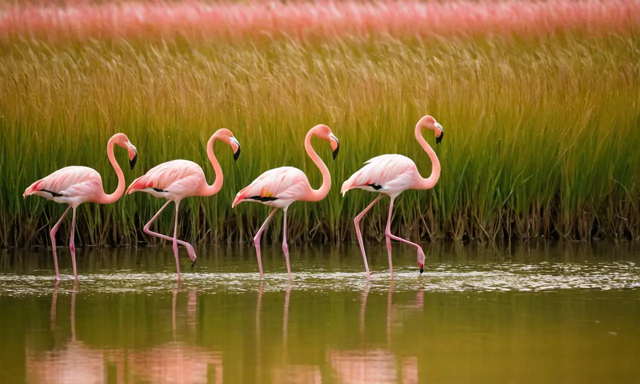 Flamingos elegantes alimentándose en tranquilo humedal