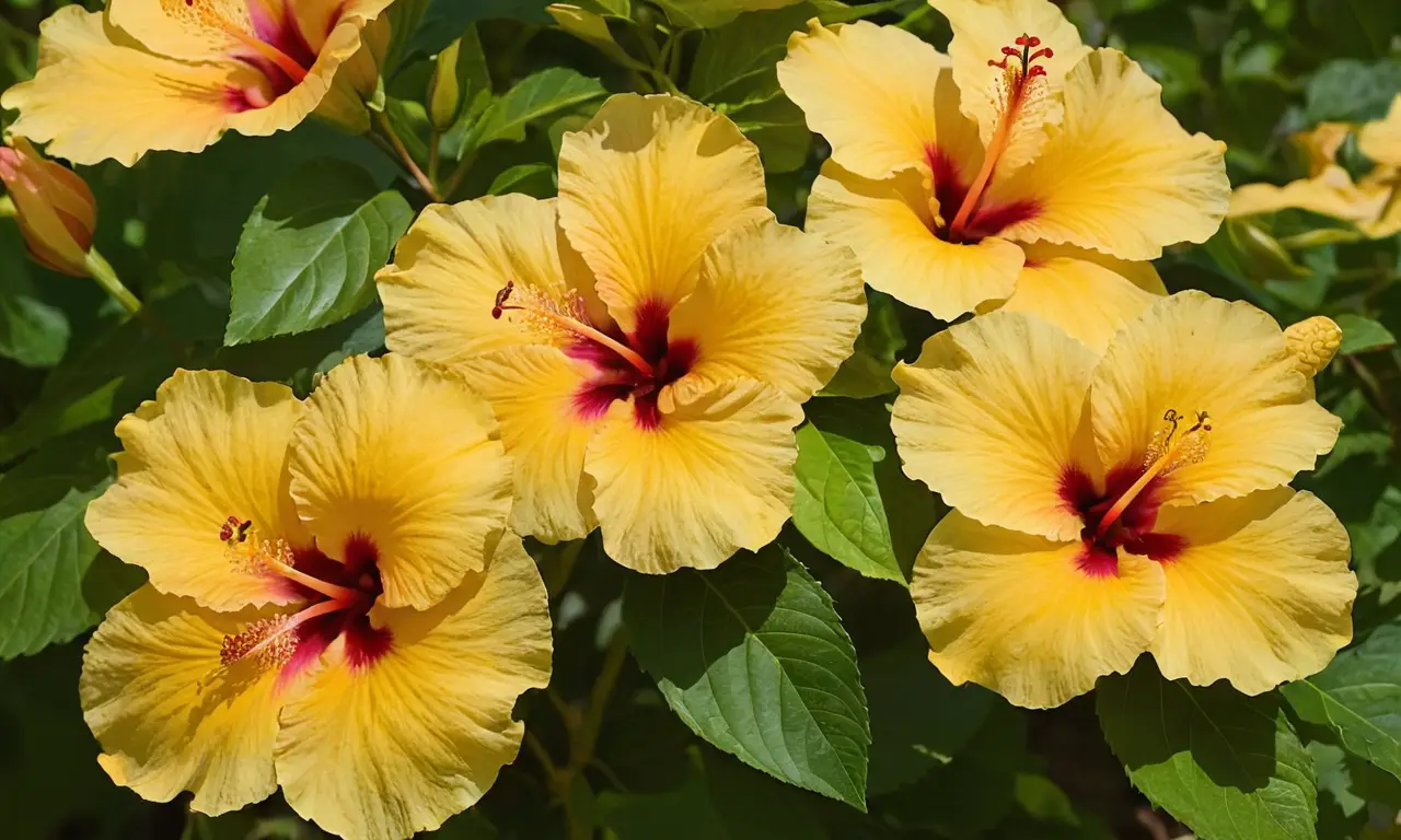 Hibiscos amarillos vibrantes rodeados de hojas verdes