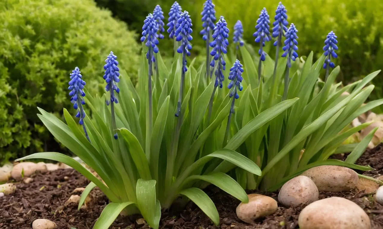 Hermos clusters de Muscari brillando al sol