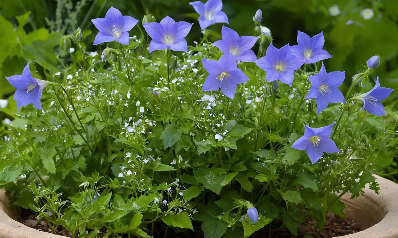 Flores azules en un jardín armonioso